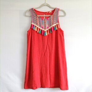 Entro Women's Pink Tasseled Diamond Print Boat Neck Sleeveless Dress Size Small